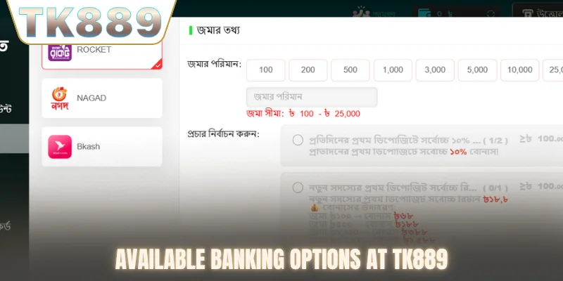 Available banking options at TK889