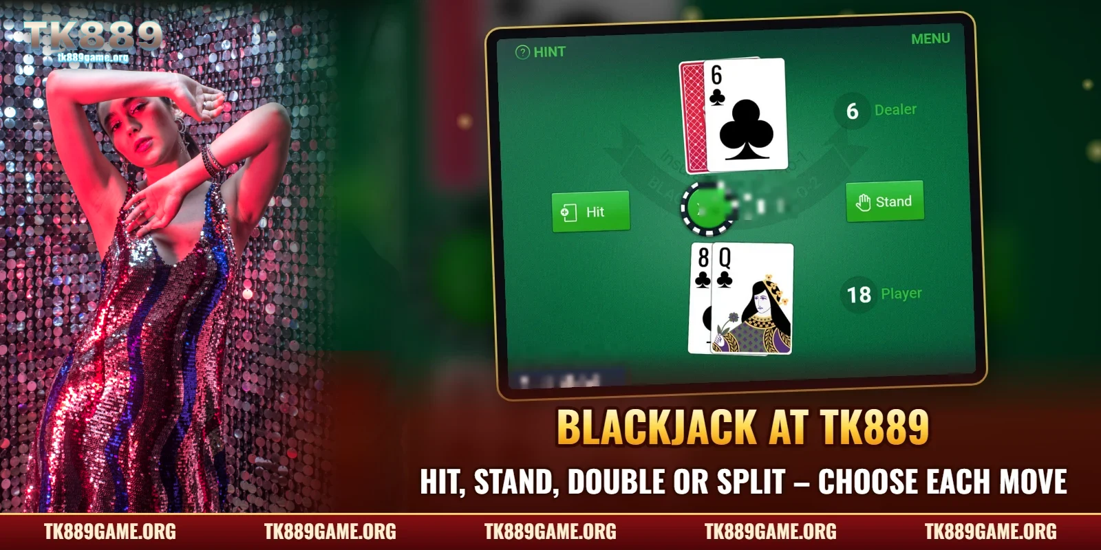 Blackjack at TK889 – the Hit and Stand buttons on an online blackjack table