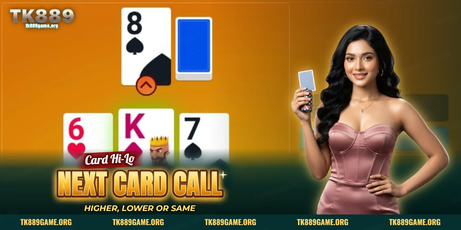 Card Hi-Lo game screen with an eight of spades, a face-down deck and three earlier cards