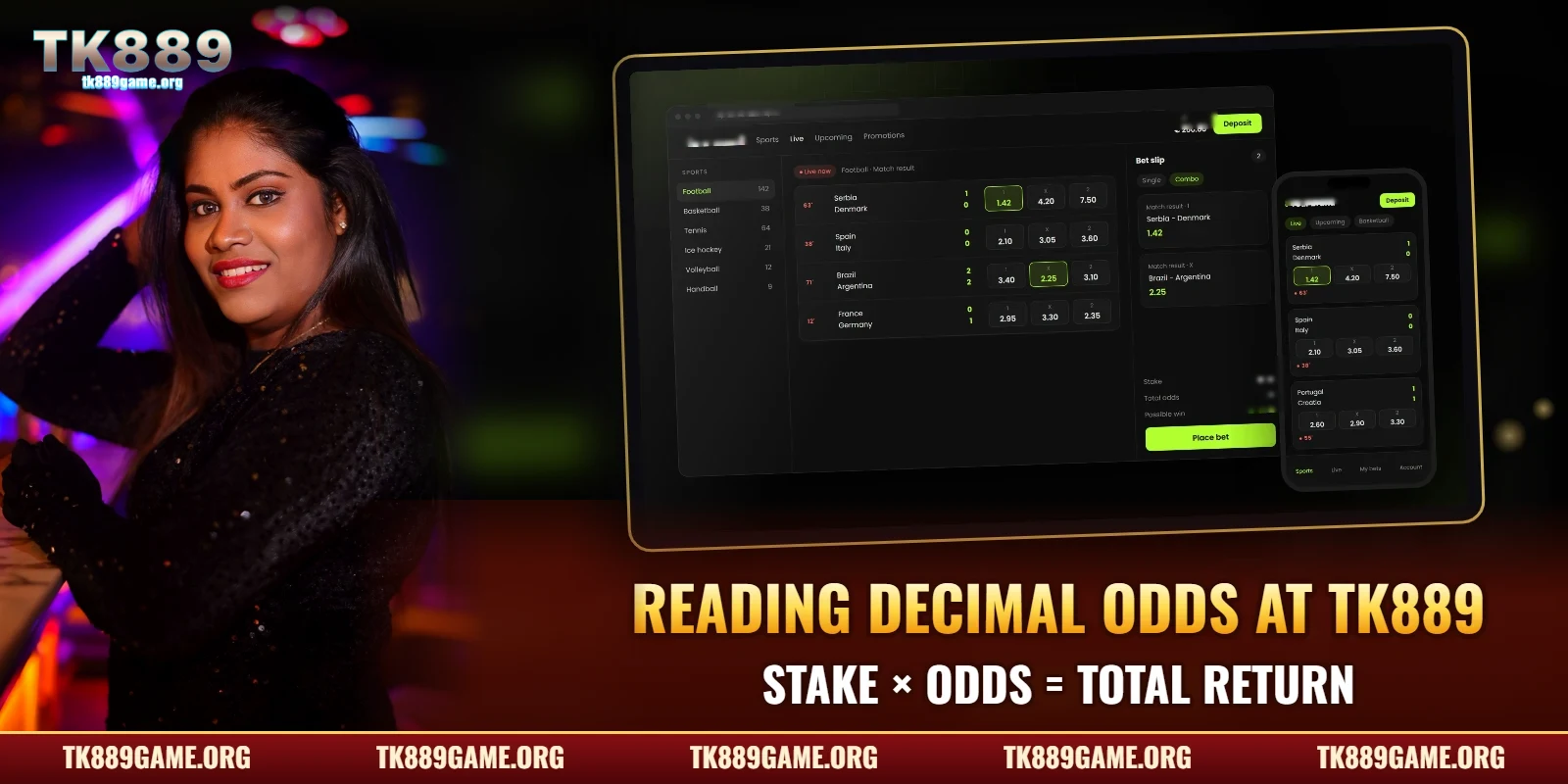 Reading decimal odds on a TK889 bet slip – stake × odds equals the total return