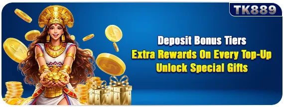 TK889 deposit bonus tiers with extra top-up rewards