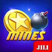 Gold star coin and black bomb on the Mines icon with a red JILI badge