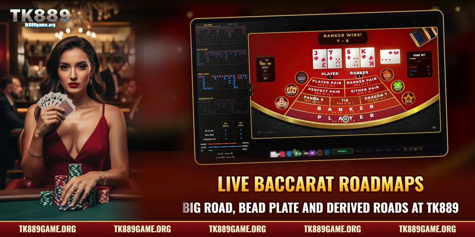 Live baccarat roadmaps at TK889 – Big Road, Big Eye Boy, Small Road and Cockroach Pig beside the table