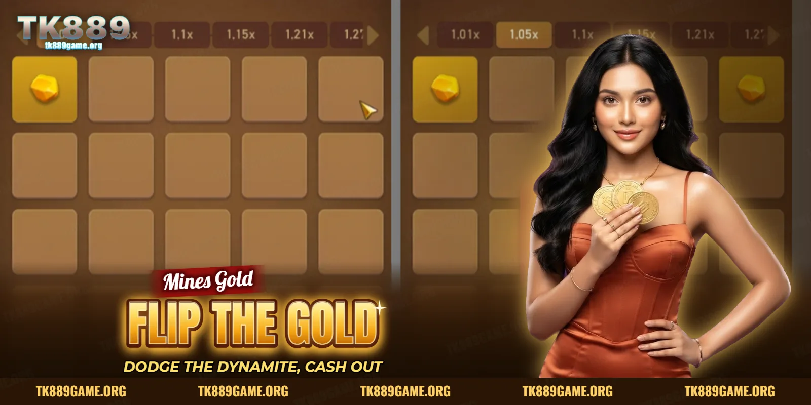 Mines Gold board with gold nuggets on opened tiles and a multiplier row