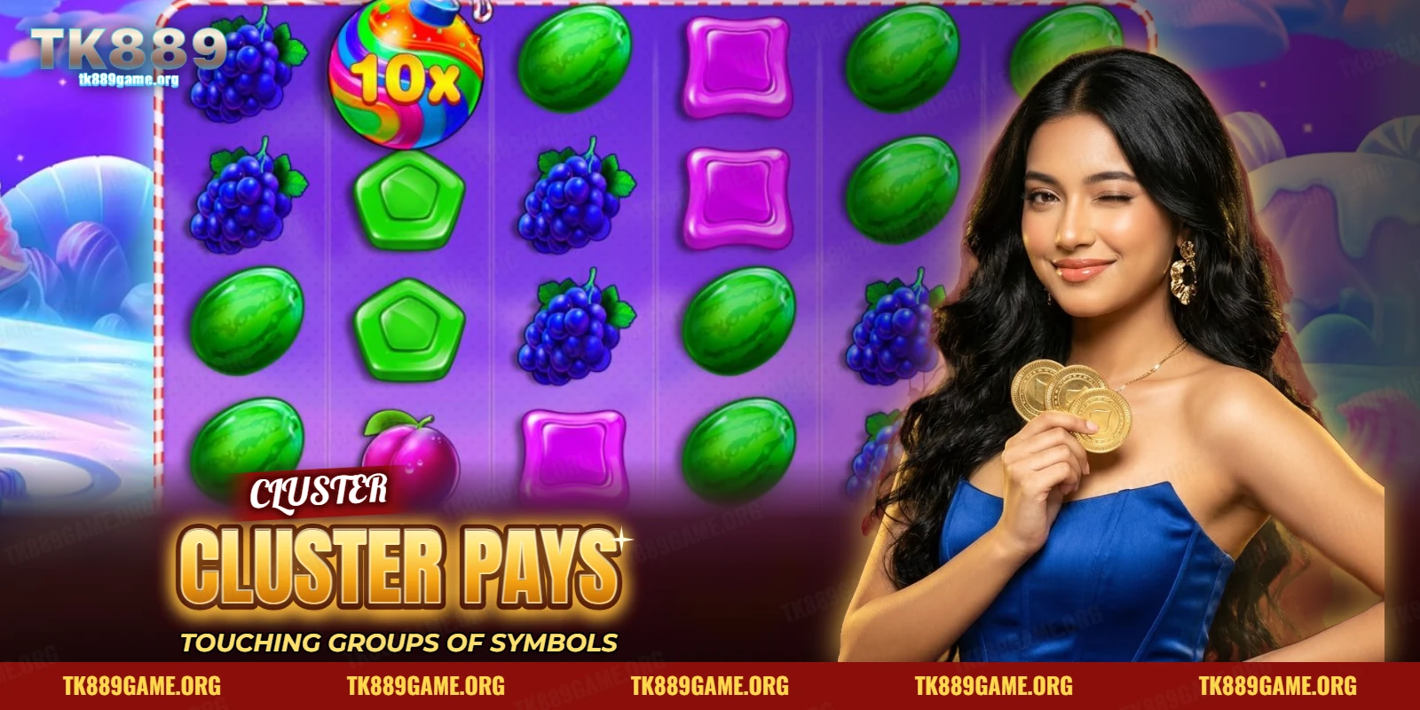 Cluster pays slot grid with groups of matching fruit and candy symbols