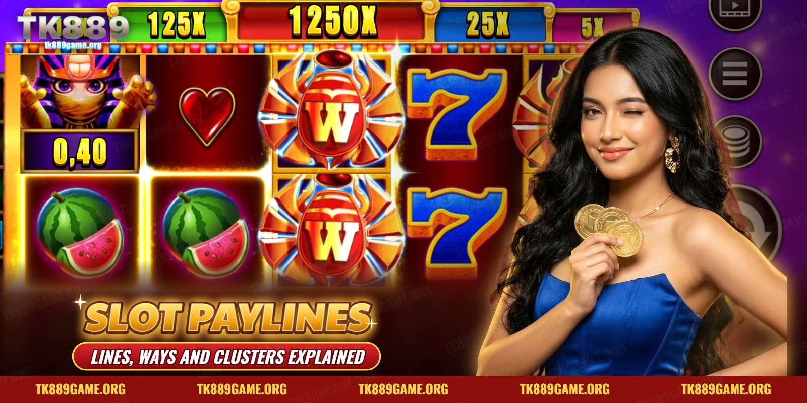 Slot paylines on a TK889 slot grid with highlighted winning symbols