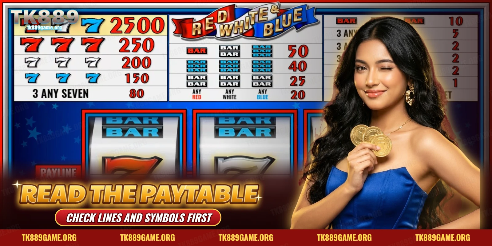 Three-reel slot paytable listing line wins for BAR and 7 symbols