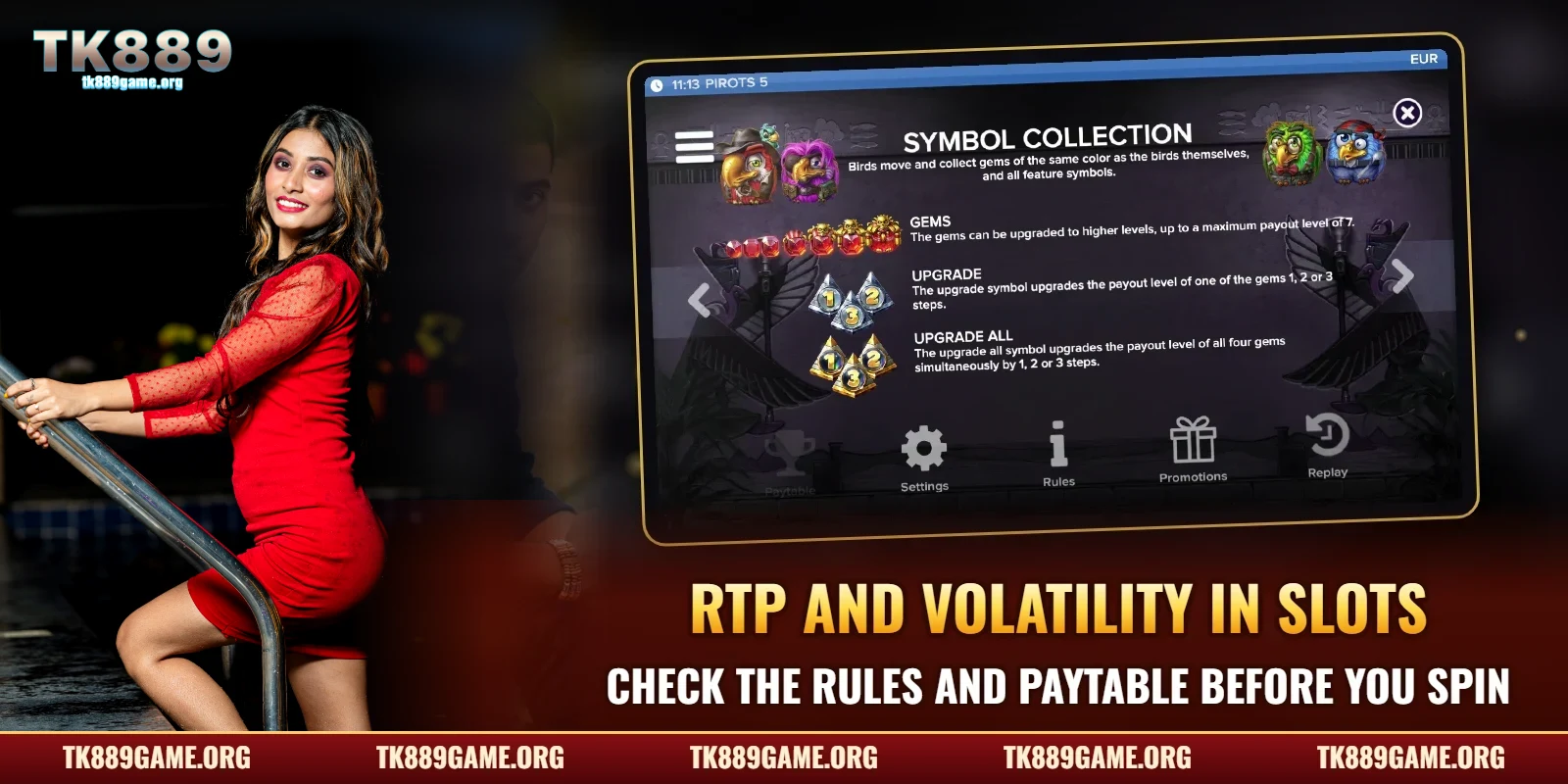 Slot rules and paytable screen at TK889 – where a slot lists its RTP and volatility