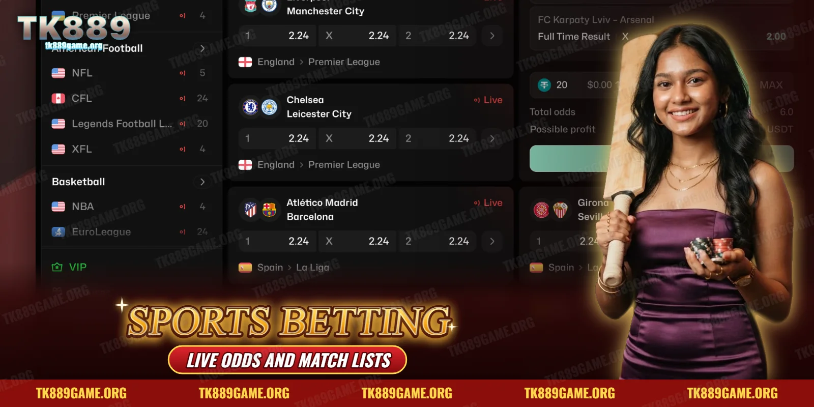 Sports betting screen with live odds and match lists, a woman holding a cricket bat and chips – TK889 sports betting