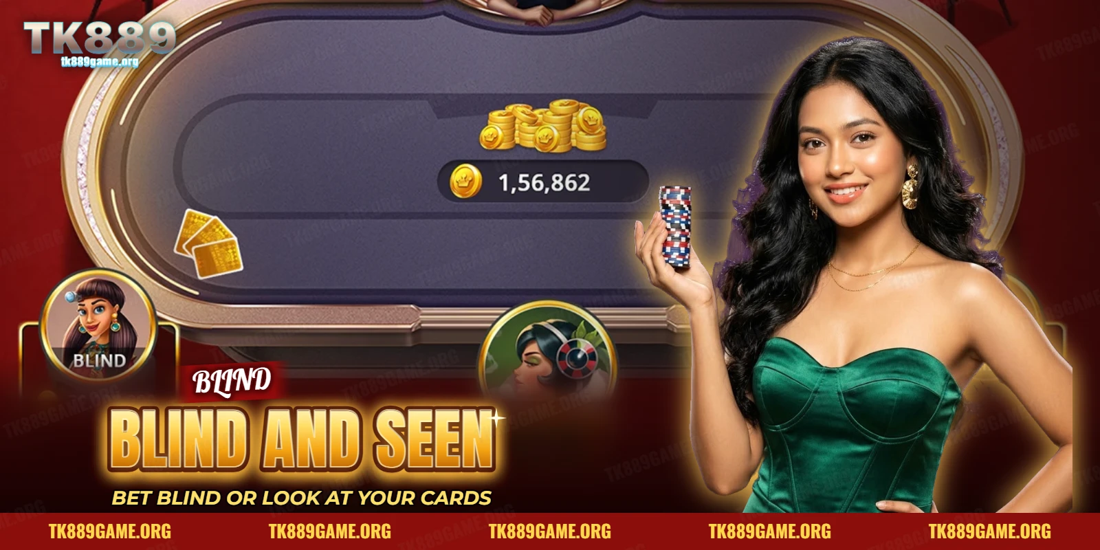 Teen Patti betting table with the pot and a Blind player seat