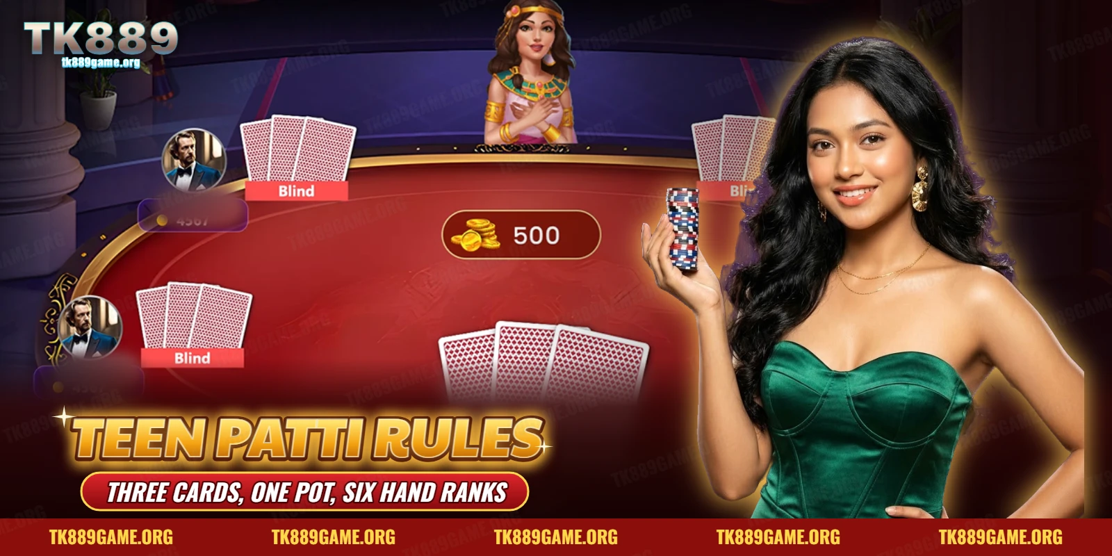 Teen Patti rules on a TK889 online table with three face-down cards and a pot